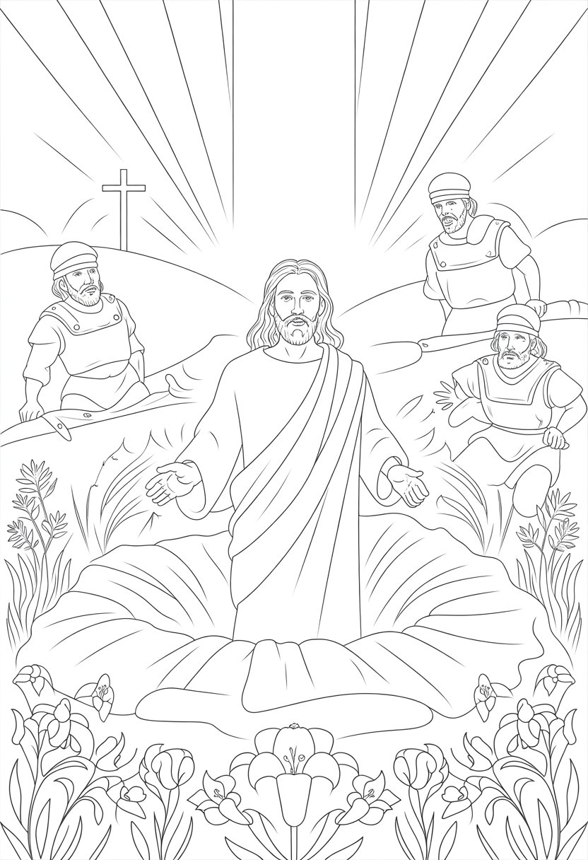 Christian Coloring Pages for Kids: 20 Inspirational Designs to Inspire Faith 36 Jesus Christ emerging from an open tomb with three soldiers nearby, a cross on a hill in the background, and lilies around the tomb.